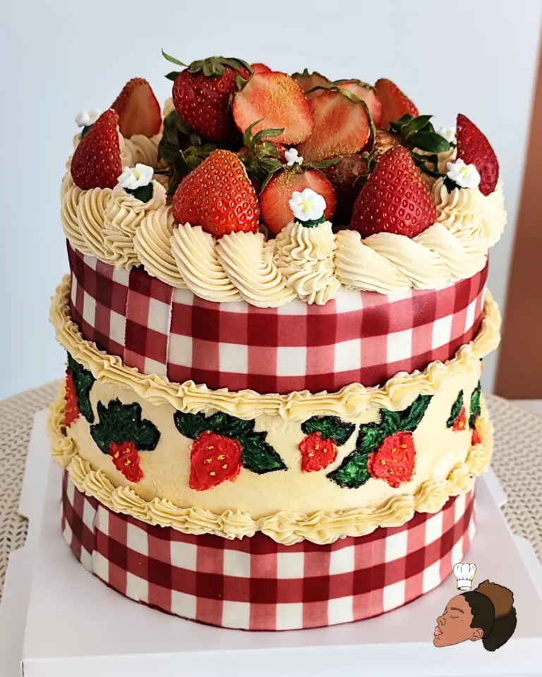 Gâteau d'anniversaire enfant — vichy fraises — Melksweets, cake design à Bernes-sur-Oise