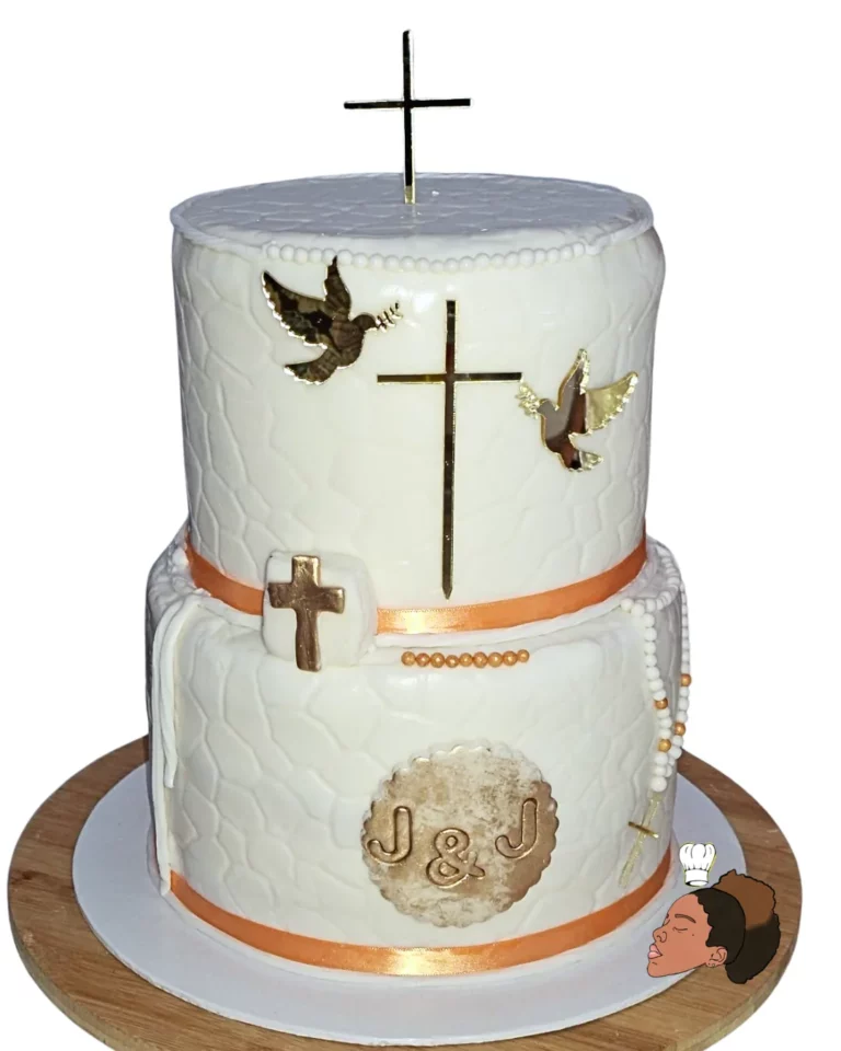 Gâteau de cérémonie religieuse — communion blanc et or — Melksweets, cake design à Bernes-sur-Oise